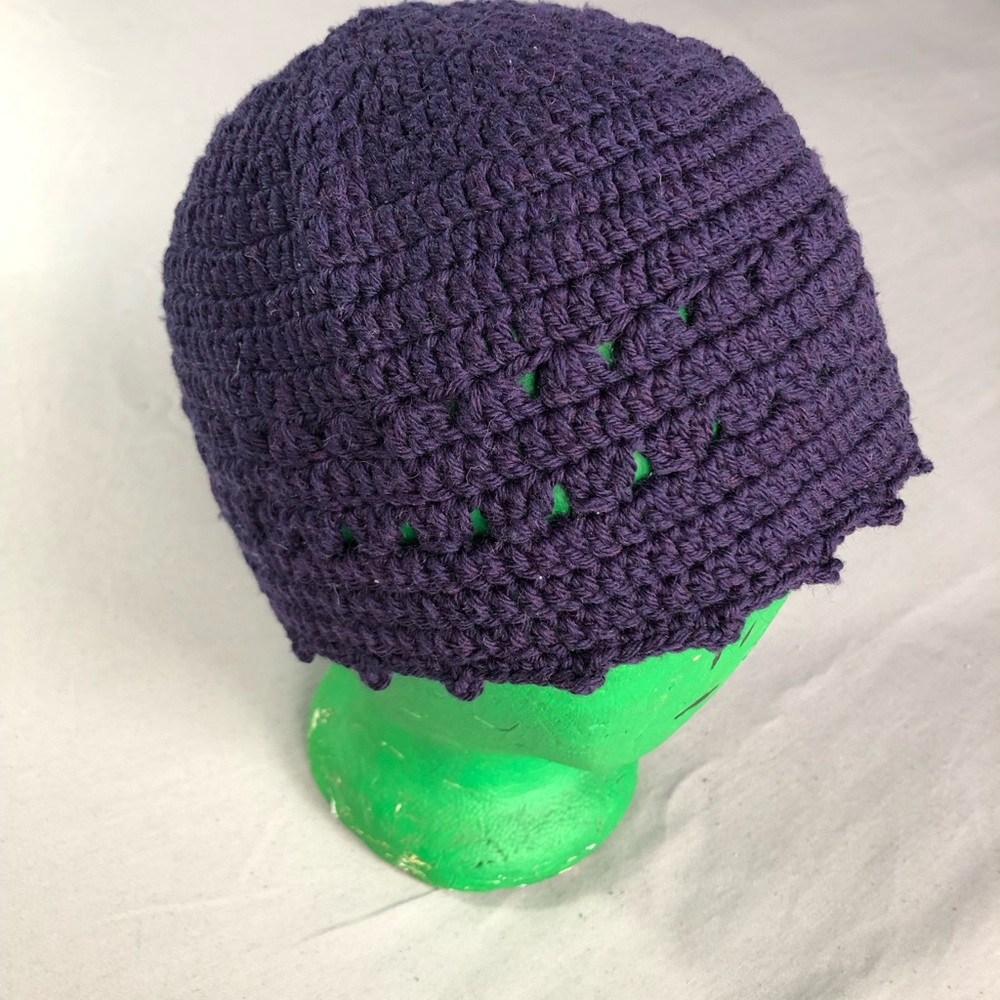 Hand Crocheted Beanie Cap Hat Dark Purple Size Large/XL‎ Handmade
